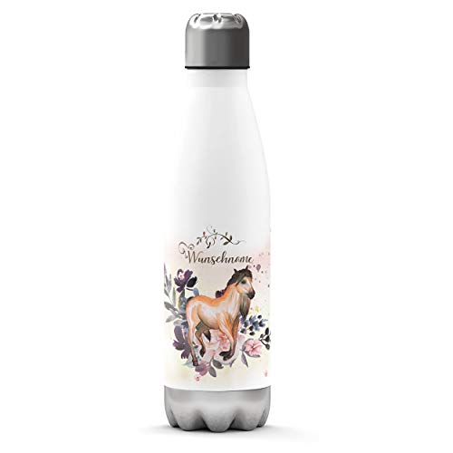 Sunnywall Premium Edelstahl-Thermosflasche Pferde mit Wunschnamen individuell personalisiert kalt & heiß Thermoskanne Isolierflasche Trinkflasche Wasserflasche Campingflasche (Palomo Pferd Floral) von Sunnywall