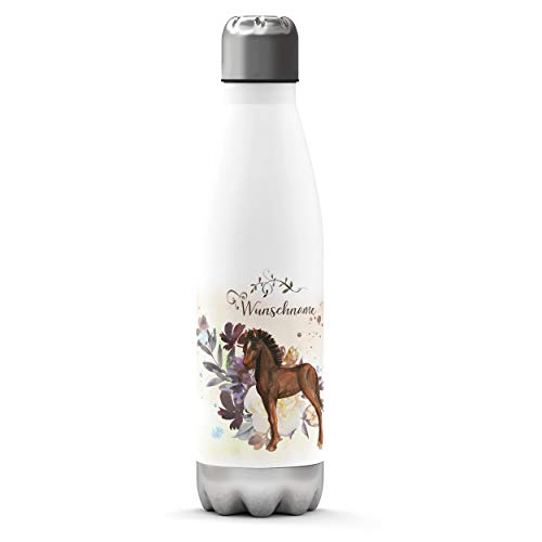 Sunnywall Premium Edelstahl-Thermosflasche Pferde mit Wunschnamen individuell personalisiert kalt & heiß Thermoskanne Isolierflasche Trinkflasche Wasserflasche Campingflasche (Pferd floral braun) von Sunnywall