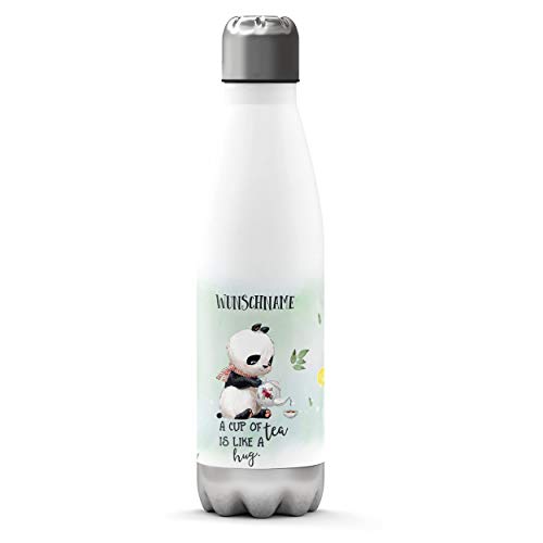 Sunnywall Premium Edelstahl-Thermosflasche mit Wunschnamen individuell personalisiert kalt & heiß Thermoskanne Isolierflasche Trinkflasche Wasserflasche Campingflasche (Panda-Cup of Tea) von Sunnywall