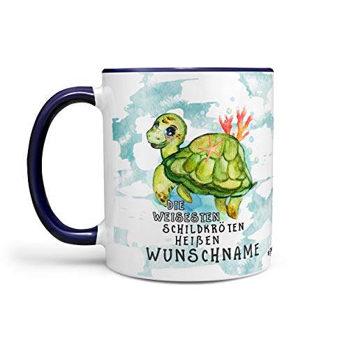 Sunnywall® Schildkröte-Tasse Kaffeebecher - Die weisesten Schildkröten heißen Wunschname - Wunsch-Tasse Geburtstags-Tasse Geschenk-Tasse inkl. gratis Geschenkkarte (Tasse blau) von Sunnywall