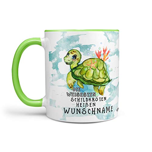 Sunnywall® Schildkröte-Tasse Kaffeebecher - Die weisesten Schildkröten heißen Wunschname - Wunsch-Tasse Geburtstags-Tasse Geschenk-Tasse inkl. gratis Geschenkkarte (Tasse grün) von Sunnywall