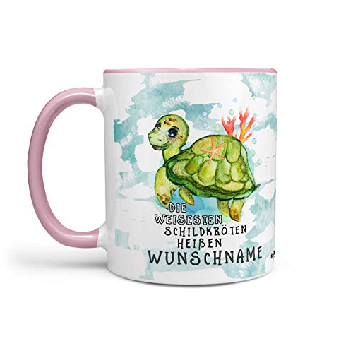 Sunnywall® Schildkröte-Tasse Kaffeebecher - Die weisesten Schildkröten heißen Wunschname - Wunsch-Tasse Geburtstags-Tasse Geschenk-Tasse inkl. gratis Geschenkkarte (Tasse rosa) von Sunnywall