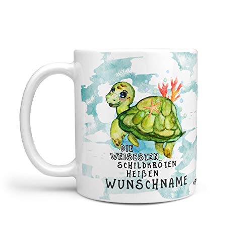 Sunnywall Schildkröte-Tasse Kaffeebecher Wunsch-Tasse Geburtstags-Tasse Geschenk-Tasse inkl. gratis Geschenkkarte Die weisesten Schildkröten heißen Wunschname (weiß) von Sunnywall
