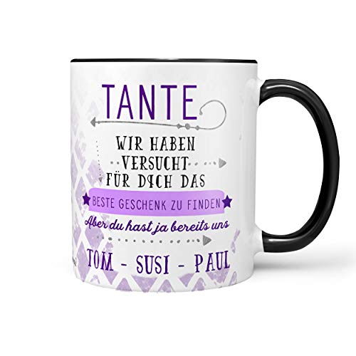 Sunnywall® Tante Tasse personalisiert liebevoll gestalteter Keramik Kaffeebecher Lieblingstasse Geburtstags-Tasse Geschenk-Tasse inkl. gratis Geschenkkarte Tante Glühwein. (Tasse violett) von Sunnywall