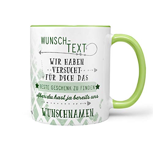 Sunnywall® Wunschtext Name Tasse personalisiert liebevoll gestalteter Keramik Kaffeebecher Lieblingstasse Geburtstags-Tasse Geschenk-Tasse inkl. gratis Geschenkkarte - individuelles (Tasse grün) von Sunnywall