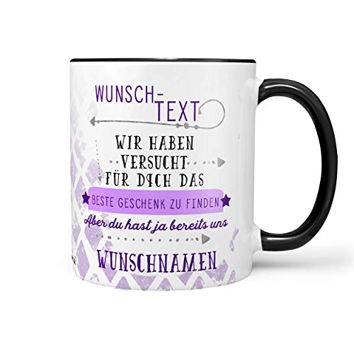 Sunnywall® Wunschtext Name Tasse personalisiert liebevoll gestalteter Keramik Kaffeebecher Lieblingstasse Geburtstags-Tasse Geschenk-Tasse inkl. gratis Geschenkkarte - individuelles (Tasse schwarz) von Sunnywall