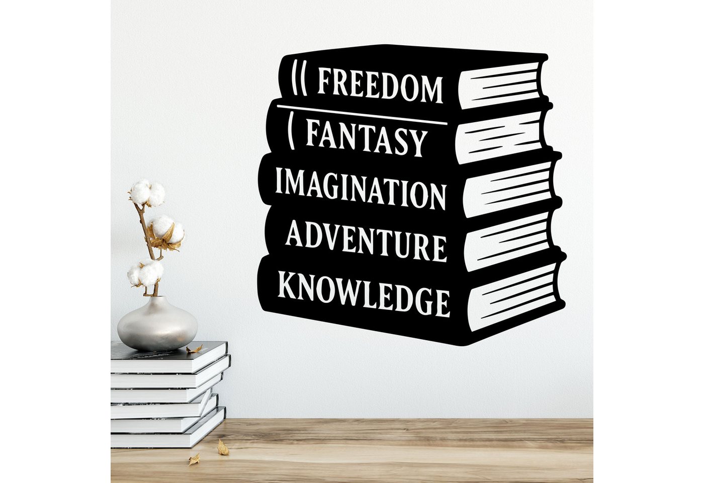 Sunnywall Wandspruch Wandtattoo Bücherstapel Buch – Freedom, Fantasy, Adventure, selbstklebend, konturgeschnitten, rückstandslos entfernbar von Sunnywall