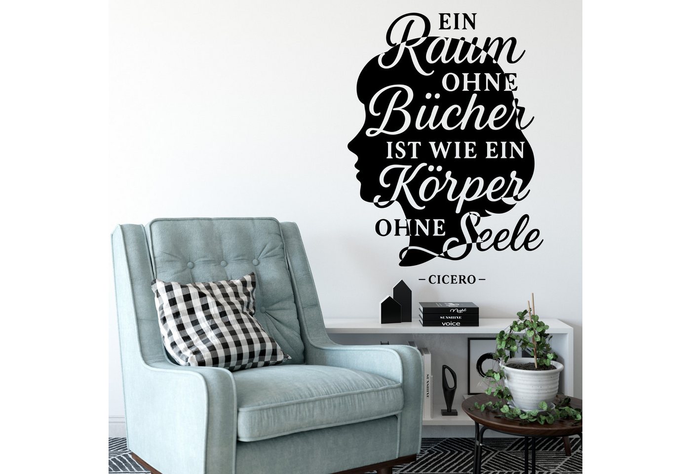 Sunnywall Wandspruch Wandtattoo Kopf mit Cicero-Zitat – Ein Raum ohne Bücher ist wie, selbstklebend, konturgeschnitten von Sunnywall