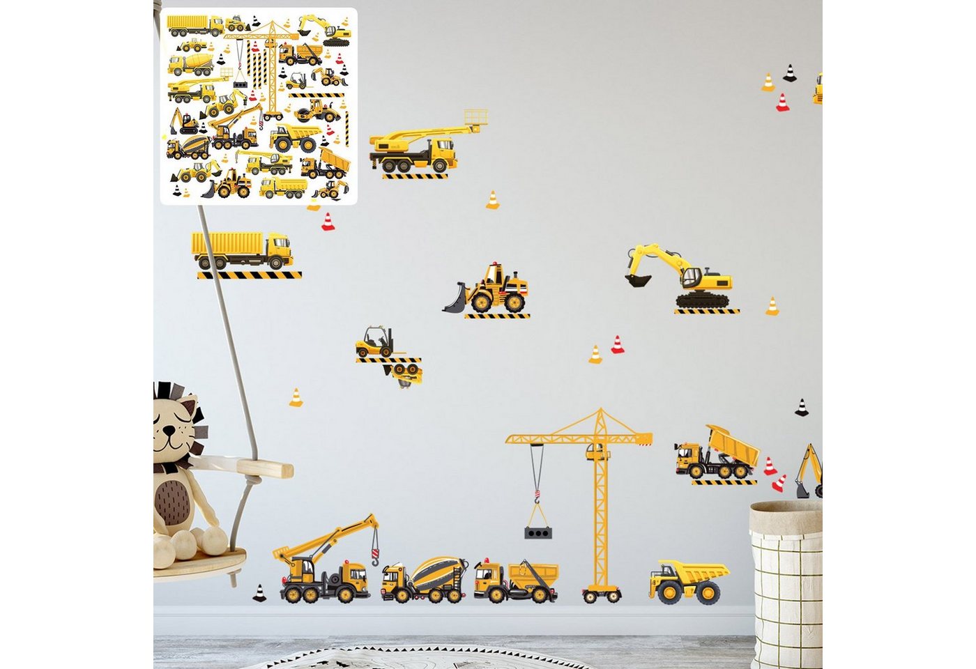 Sunnywall Wandtattoo Baufahrzeuge Wandtattoo XXL Set, Kinderzimmer Aufkleber bunt Wanddeko, selbstklebend von Sunnywall