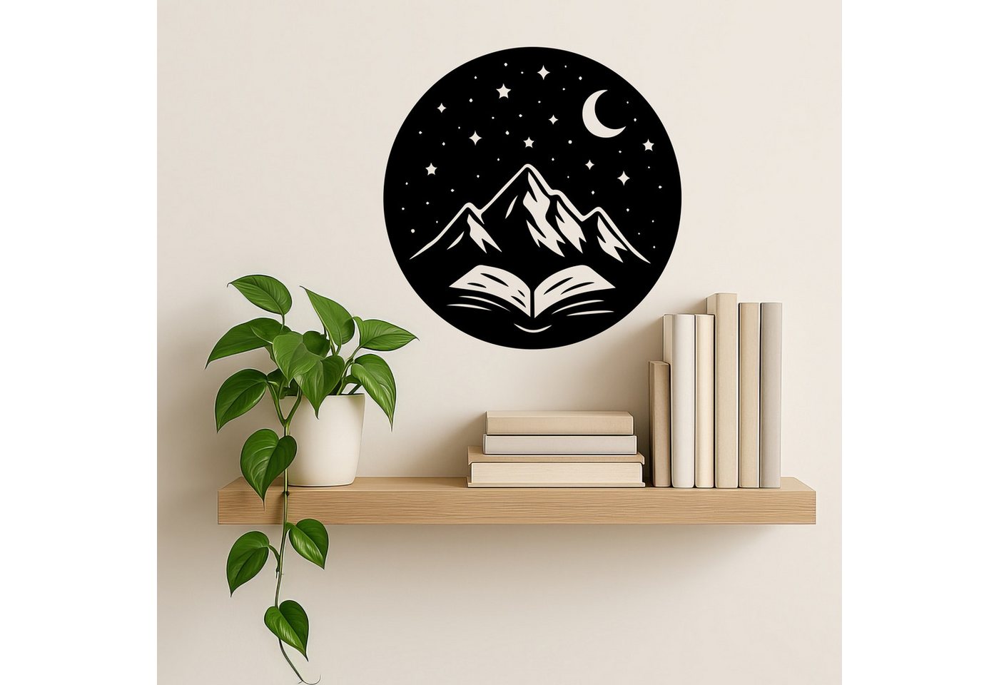 Sunnywall Wandtattoo Berge und Buch – rundes Design mit Sternenhimmel, selbstklebend, konturgeschnitten, rückstandslos entfernbar von Sunnywall