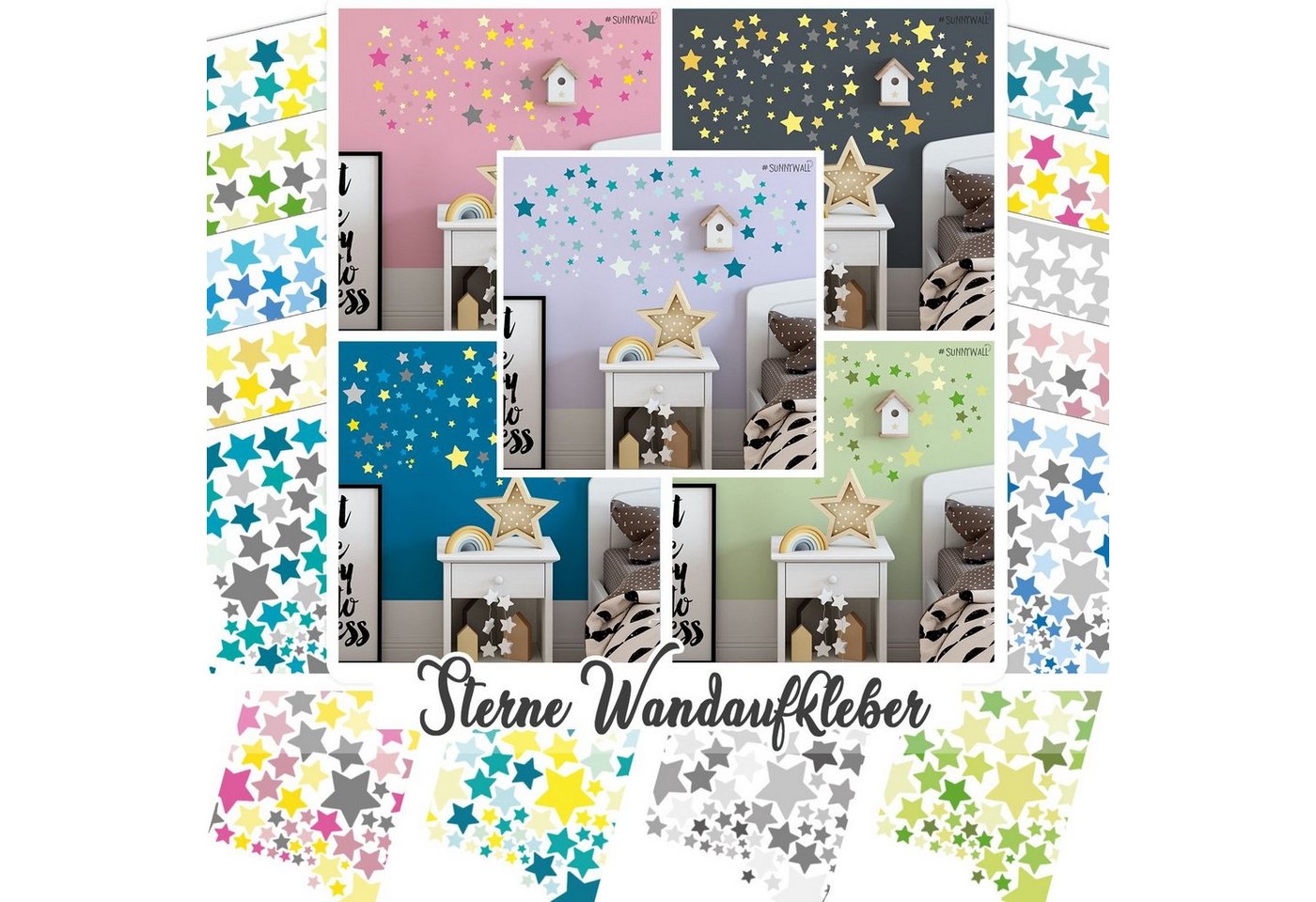 Sunnywall Wandtattoo Sterne Aufkleber Stars Wandsticker bunt, Sternenhimmel Wandtattoo, konturgeschnitten von Sunnywall