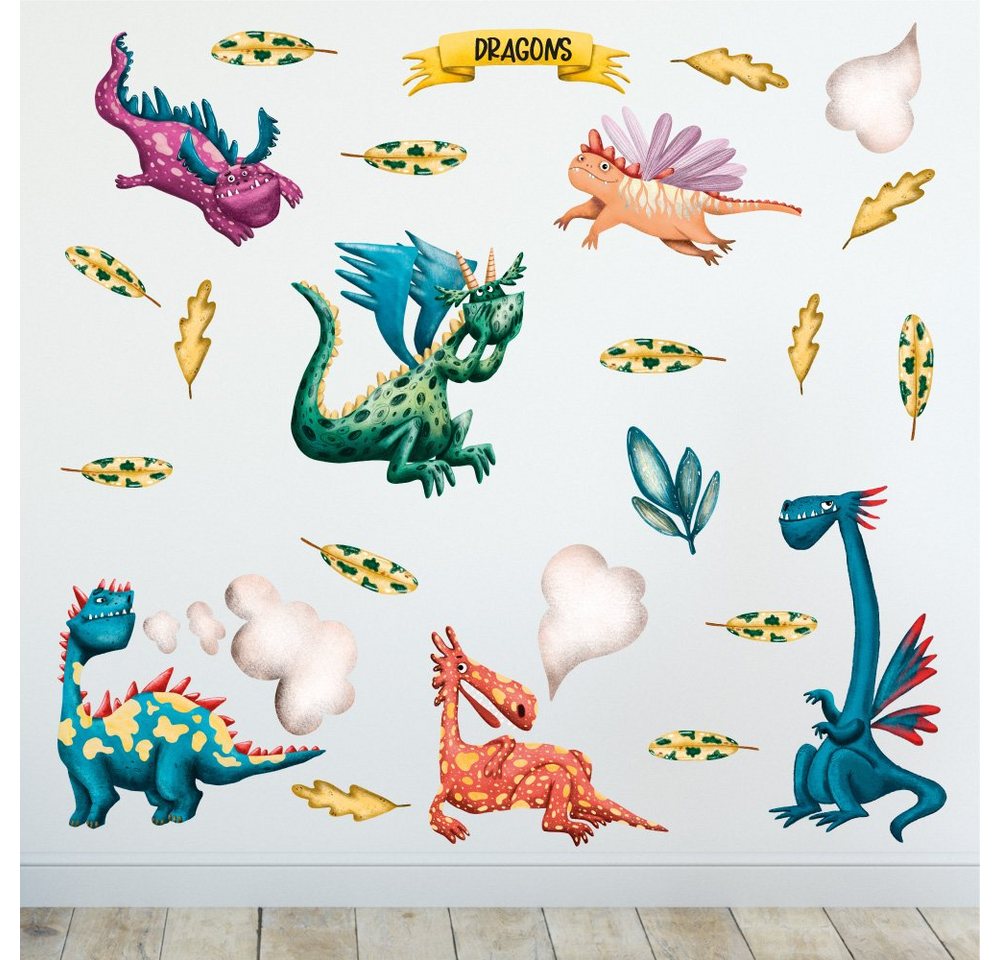Sunnywall Wandtattoo Drachen - Wandtattoo Kinderzimmer Baby Wandaufkleber (6 St), konturgeschnitten von Sunnywall