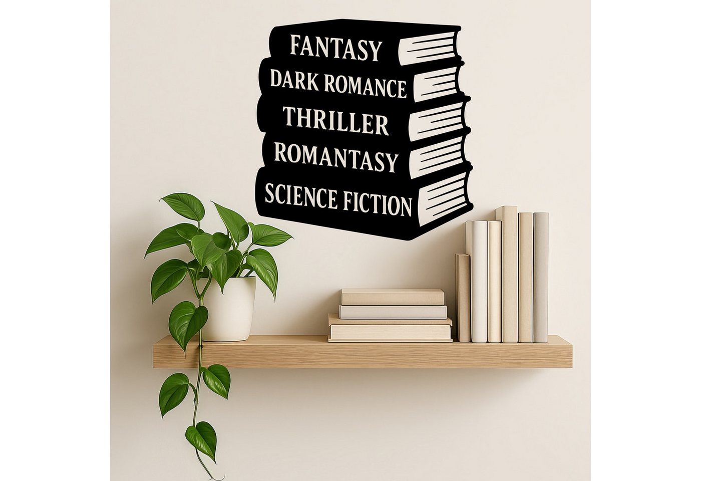 Sunnywall Wandtattoo Wandtattoo Bücherstapel mit Buch Genre – Fantasy, Thriller, Romantasy, selbstklebend, konturgeschnitten, rückstandslos entfernbar von Sunnywall