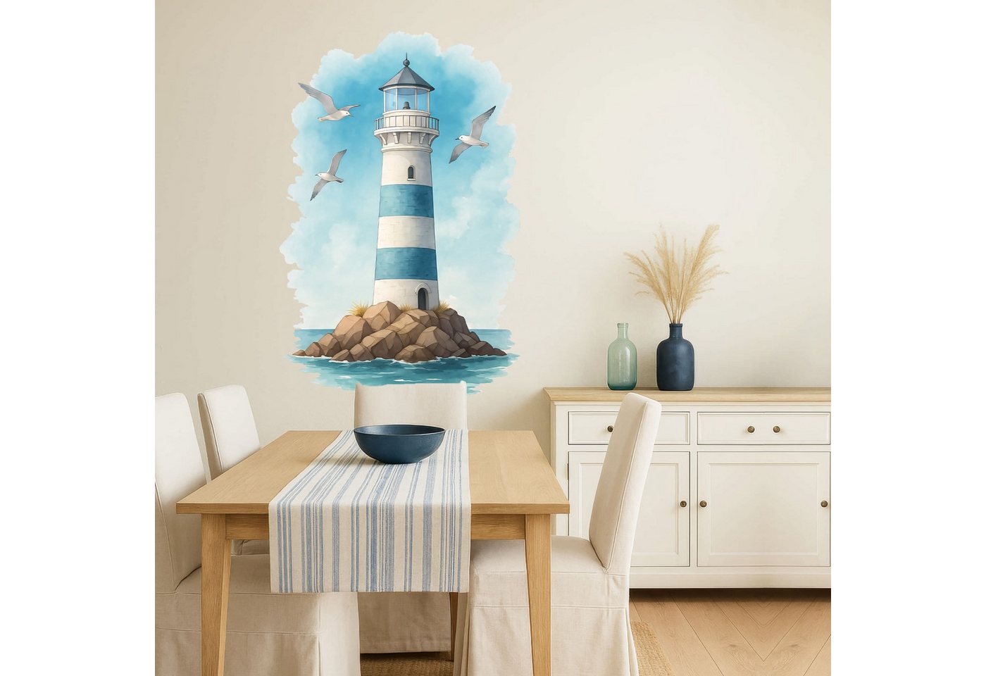 Sunnywall Wandtattoo Aufkleber Maritim Leuchtturm & Möwen – Aquarell blau-weiß, selbstklebend, konturgeschnitten, rückstandslos entfernbar von Sunnywall
