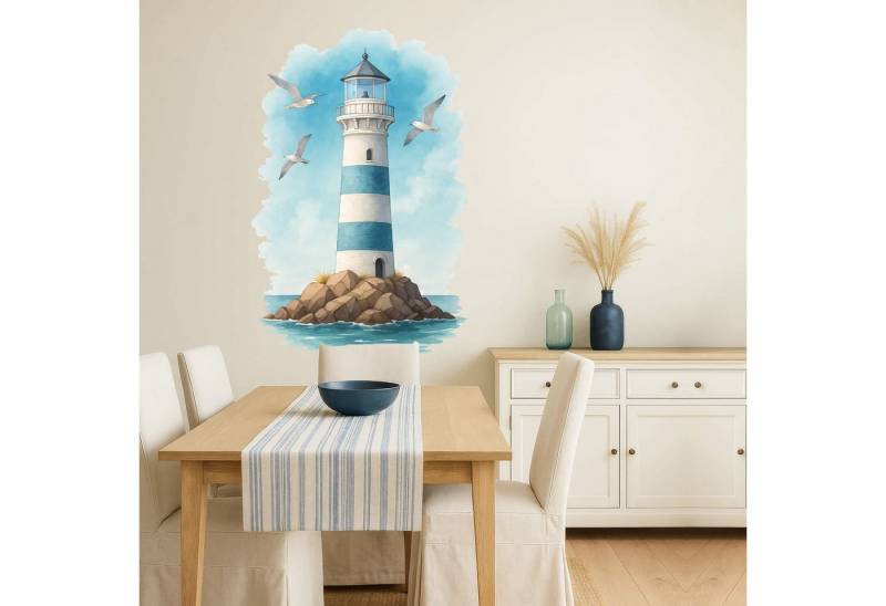 Sunnywall Wandtattoo Aufkleber Maritim Leuchtturm & Möwen – Aquarell blau-weiß, selbstklebend, konturgeschnitten, rückstandslos entfernbar von Sunnywall