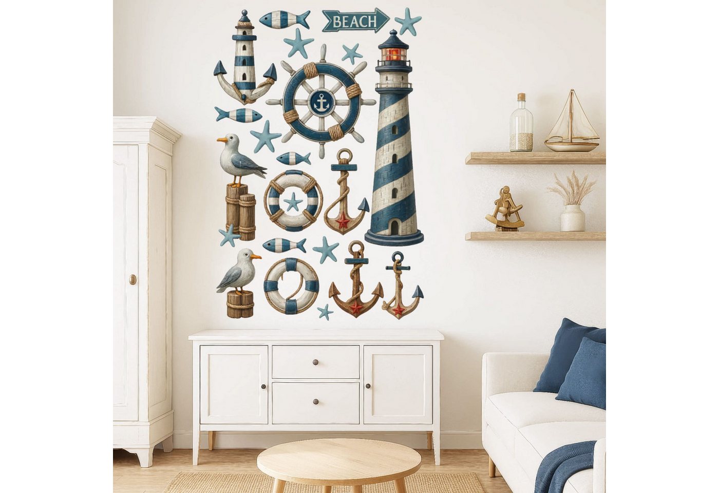 Sunnywall Wandtattoo Aufkleber Maritim Set – Leuchtturm, Möwen, Anker & Seesterne, selbstklebend, konturgeschnitten, rückstandslos entfernbar von Sunnywall