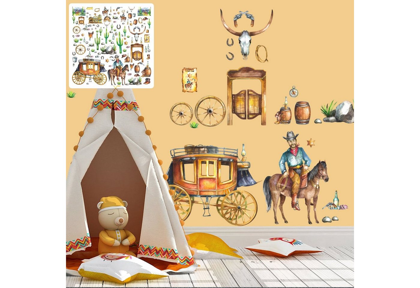 Sunnywall Wandtattoo XXL Wandtattoo Cowboy Western Wilden Westen Set verschiedene Motive Kinderzimmer Aufkleber bunt Wanddeko von Sunnywall