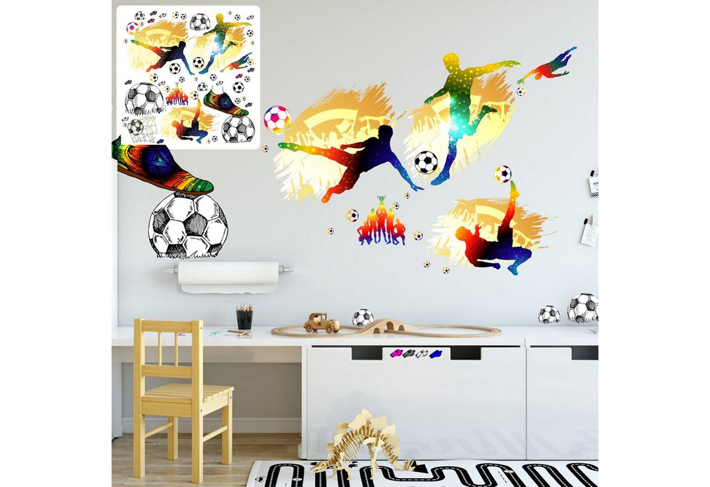 Sunnywall Wandtattoo XXL Wandtattoo Fussball Set verschiedene Motive, Kinderzimmer Aufkleber bunt Wanddeko Fußball soccer Football, einzigartiges Design von Sunnywall