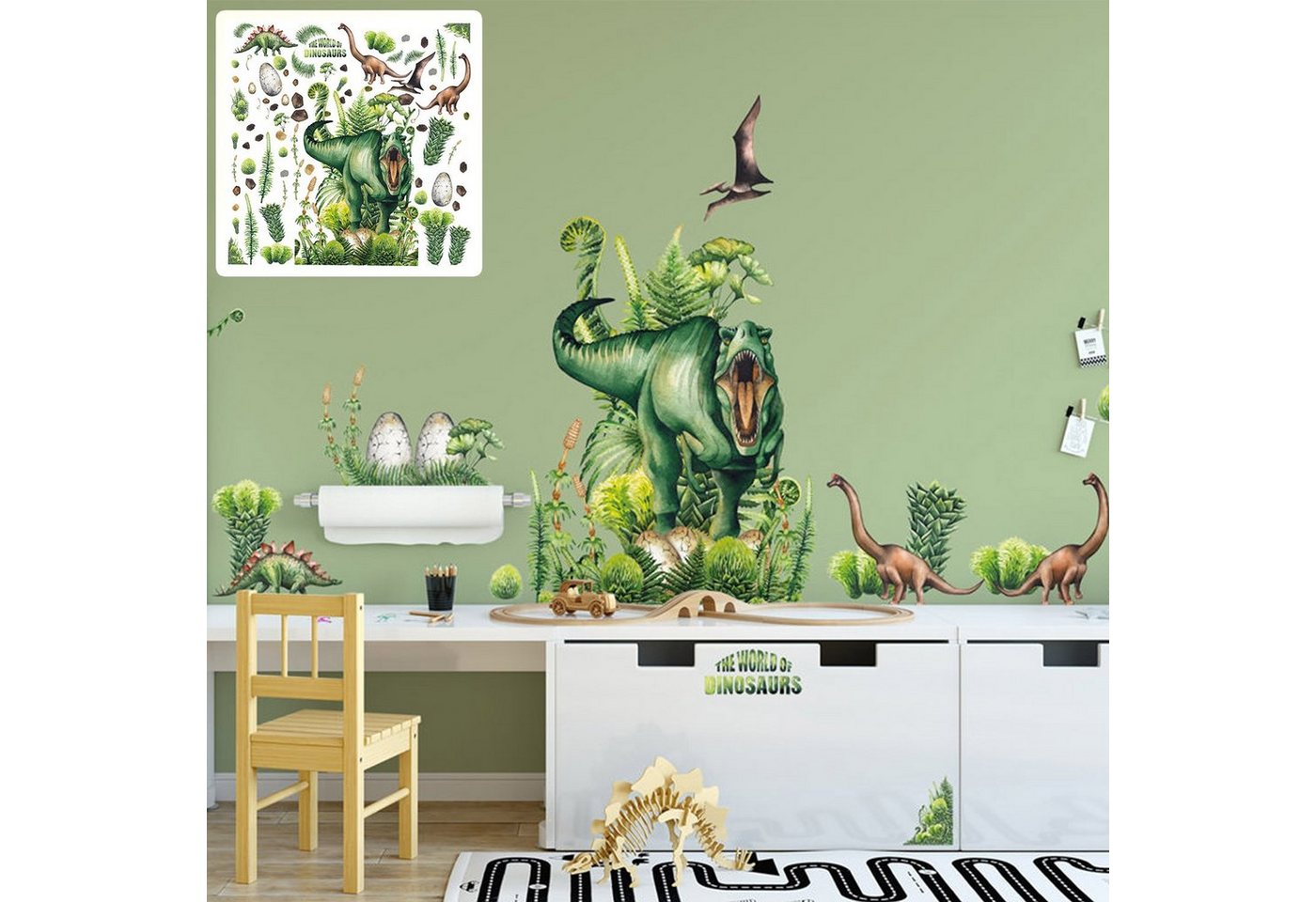 Sunnywall Wandtattoo XXL Wandtattoo Kinder Dinosaurier realistisch Set verschiedene Motive Kinderzimmer Aufkleber Wanddeko Dinos T-Rex Brachiosaurus Saurus, selbstklebend von Sunnywall