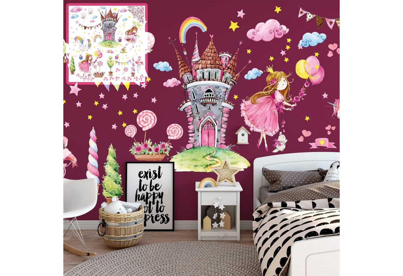 Sunnywall Wandtattoo XXL Wandtattoo Prinzessin rosa princess Set verschiedene Motive, Kinderzimmer Aufkleber bunt Wanddeko von Sunnywall