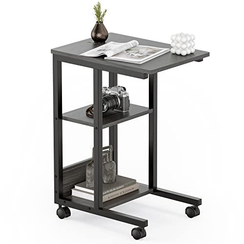 Sunon Beistelltisch Sofatisch Couchtisch Nachttisch mit 3 Ablagefächern, C-Form, Metallgestell, Tischpltte aus Holz, feststellbarer Rollen Grau von Sunon