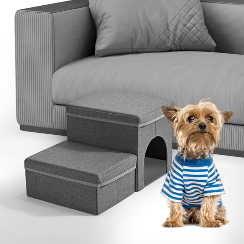 Hundetreppe, Sunowl 2 Stufige Faltbare Haustiertreppe, Extra Breite Hundetreppe Sofa Bett mit Stauraum und Haus, Weiche, rutschfeste Oberfläche für Kleine Hunde und Katzen von Sunowl