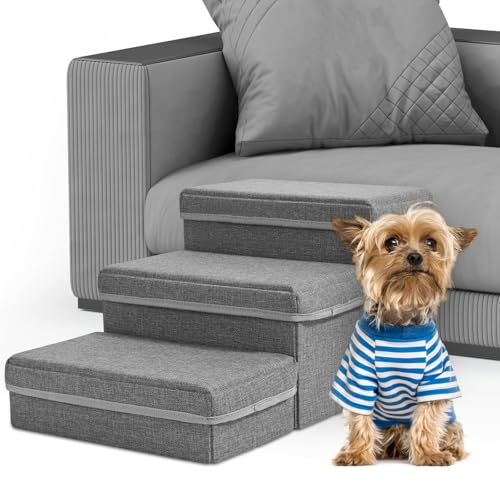 Hundetreppe, Sunowl 3 Stufige Faltbare Haustiertreppe, Extra Breite Hundetreppe Sofa Bett mit Stauraum, rutschfeste Oberfläche, Hilft dem Haustier Leicht Aufzustehen für Kleine Hunde von Sunowl