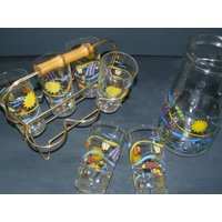 Vintage Glaskrug+6 Gläser Mit String-Ständer France Reims 60S Tiki Vintage Glaskrug+6 Gläser Mit String-Ständer France Reims 60S Tiki von SunriseVintageDE