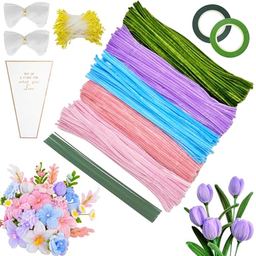 400 Stück Pfeifenreiniger Blumen Set,Pfeifenreiniger Blumenstrauß,Bouquet Pfeifenreiniger Set,Pfeifenputzer zum Basteln,Pfeifenputzer,Pipe Cleaner mit Blumendraht, Schleifenband, Blumen Staubblatt von Sunshine smile