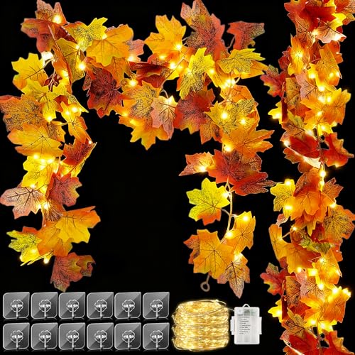 2 Stück Ahornblätter Herbstgirlande Mit 40 LEDs,170cm/Stück Herbstblätter Girlande,Herbst Girlande,Herbstdeko Lichterkette Herbstgirlande,Ahornblätter Herbstdeko für Zuhause,Garten,Kamin,Party von Sunshine smile