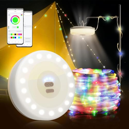 Camping Lichterkette,Camping Lichterkette Aufrollbar, mit 7m led lichterkette,APP Kontrolle, Usb Wiederaufladbare Campinglampe,Wasserdichte Tragbare Verstaubare Lichterkette für Den Außenbereich von Sunshine smile