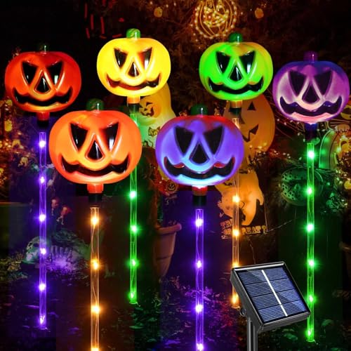 Halloween Deko Outdoor Garten - 6 Stück Kürbis Geister Solarlampen Draußen, LED Beleuchtung Laterne für Außen, Solar Pumpkin Pathway Lights, Garten Deko, Wetterfest Patio Dekor von Sunshine smile