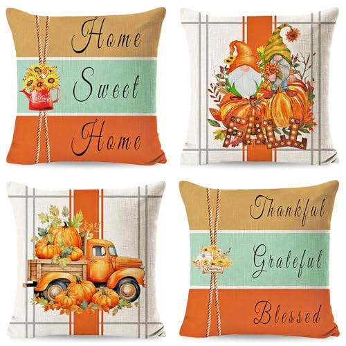 Herbst Kissenbezug 45x45 cm,4er Set Herbstdeko Kissenbezug,Kürbis Kissenbezug,Dekorative Kissenhülle Erntedankfest,Kürbisse Herbst Kissenbezüge für Schlafzimmer Wohnzimmer Couch Zierkissen Herbst Kissenbezug 45x45 cm,4er Set Herbstdeko Kissenbezug,Kürbis Kissenbezug,Dekorative Kissenhülle Erntedankfest,Kürbisse Herbst Kissenbezüge für Schlafzimmer Wohnzimmer Couch Zierkissen von Sunshine smile