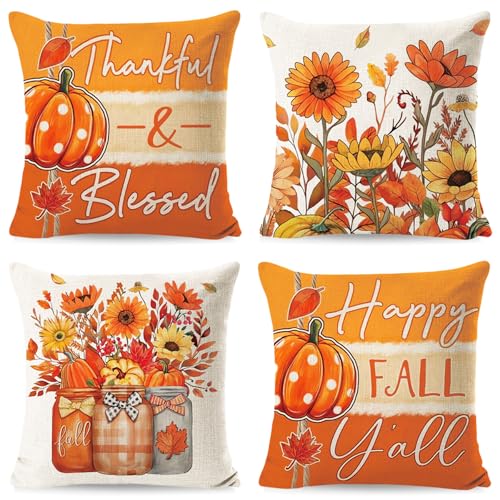 Herbst Kissenbezug 50x50 cm,4er Set Herbstdeko Kissenbezug,Kürbis Kissenbezug,Dekorative Kissenhülle Erntedankfest,Kürbisse Herbst Kissenbezüge für Schlafzimmer Wohnzimmer Couch Zierkissen Herbst Kissenbezug 50x50 cm,4er Set Herbstdeko Kissenbezug,Kürbis Kissenbezug,Dekorative Kissenhülle Erntedankfest,Kürbisse Herbst Kissenbezüge für Schlafzimmer Wohnzimmer Couch Zierkissen von Sunshine smile