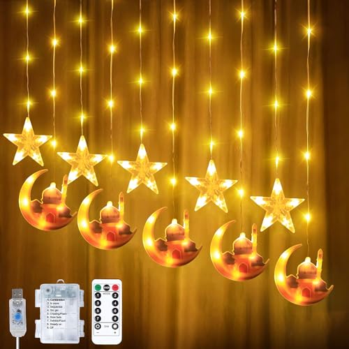 LED Ramadan Licht,Stern Mond Lichterketten,Stern Lichterkette Lichtervorhang,LED Vorhang Lichter,Wasserdicht Sternenvorhang mit 8 Blinkenden Modi & Fernbedienung,Batterie & USB Betriebene Lichterkette von Sunshine smile