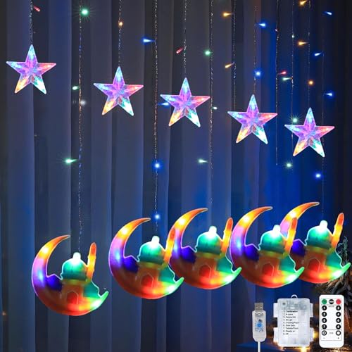 LED Ramadan Licht,Stern Mond Lichterketten,Stern Lichterkette Lichtervorhang,LED Vorhang Lichter,Wasserdicht Sternenvorhang mit 8 Blinkenden Modi & Fernbedienung,Batterie & USB Betriebene Lichterkette von Sunshine smile