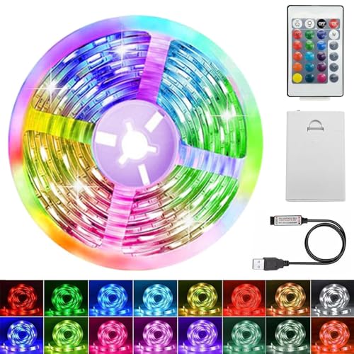 LED Streifen Batterie, 5M RGB 5050 LED Strip Batteriebetrieben oder USB Batteriebetrieben,Ferndimmbar 16-Farben,LED Strip mit Fernbedienung für Schränke, Treppen, Küche, Betten von Sunshine smile