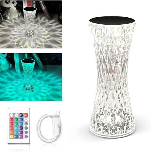 LED Tischlampe aus Kristall, Crystal Diamond Lamp, Kristall Lampe, Acryl Diamant Nachttischlampe [16 Farben & 4 Modi ] Mit Fernbedienung, RGB Farbwechsel Nachtlicht, USB Aufladbar Acryl Tischleuchte von Sunshine smile