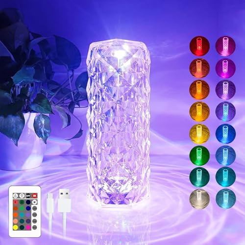 LED Tischlampe aus Kristall, Crystal Diamond Lamp, Kristall Lampe, Acryl Diamant Nachttischlampe [16 Farben & 4 Modi ] Mit Fernbedienung, RGB Farbwechsel Nachtlicht, USB Aufladbar Acryl Tischleuchte von Sunshine smile