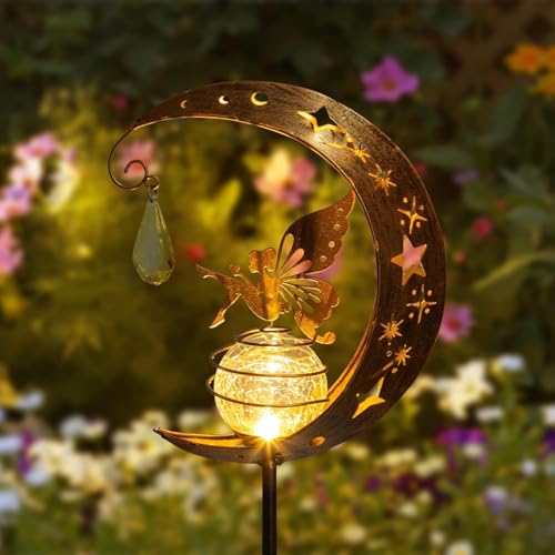 Mond Solarleuchten Garten,Freien Solarlampe für Außen,LED Glaskugel Gartenleuchte,Elfe Blumenfee Solarleuchte,Solarleuchte mit Erdspieß,Metall Mond Solar Gartenleuchte,Wasserdichte Wegeleuchte-A2 von Sunshine smile