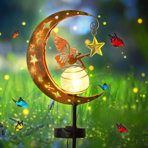Mond Solarleuchten Garten,Freien Solarlampe für Außen,LED Glaskugel Gartenleuchte,Elfe Blumenfee Solarleuchte,Solarleuchte mit Erdspieß,Metall Mond Solar Gartenleuchte,Wasserdichte Wegeleuchte von Sunshine smile