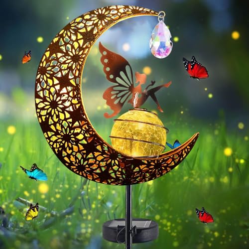 Mond Solarleuchten Garten,Freien Solarlampe für Außen,LED Glaskugel Gartenleuchte,Elfe Blumenfee Solarleuchte,Solarleuchte mit Erdspieß,Metall Mond Solar Gartenleuchte,Wasserdichte Wegeleuchte von Sunshine smile