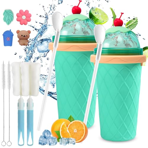 Slush Becher,2 Pcs 500ml Slushie Maker Becher,Slush Becher maker Silikon Squeeze Cup,DIY Slushy Maker Cup Gefrorene Maker Smoothie Becher Sommer-Slush Cup mit Strohhalmlöffel von Sunshine smile