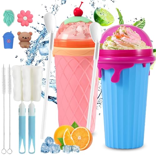 Slush Becher,2 Pcs 500ml Slushie Maker Becher,Slush Becher maker Silikon Squeeze Cup,DIY Slushy Maker Cup Gefrorene Maker Smoothie Becher Sommer-Slush Cup mit Strohhalmlöffel von Sunshine smile