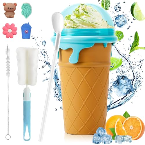 Slush Becher,500ml Slushie Maker Becher,Slush Becher maker Silikon Squeeze Cup,DIY Slushy Maker Cup Gefrorene Maker Smoothie Becher Sommer-Slush Cup mit Strohhalmlöffel von Sunshine smile