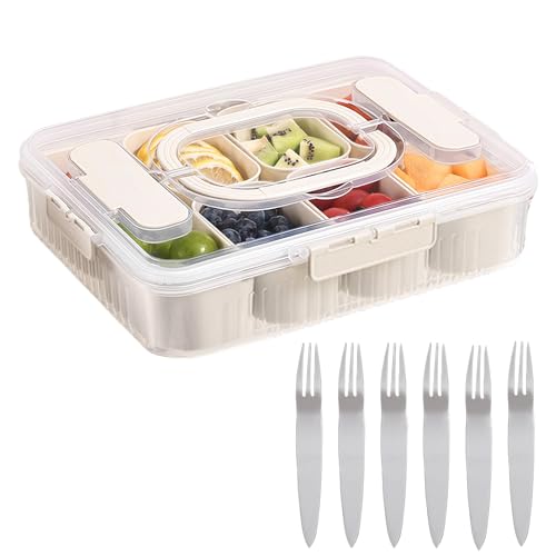 Snackbox mit 8 Fächern,Snackteller mit Deckel,Snackbox Kinder mit 6 Gabeln,Snackschale Kinder,Snackdose Organizer,Snackschale mit Deckel und Griff,Snackteller für Snacks Süßigkeiten Nüsse Gewürze von Sunshine smile