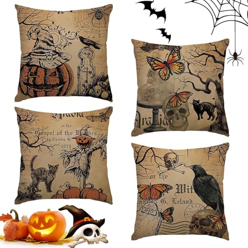 Sunshine smile 4 Stück Halloween Kissenbezug, Horror Kürbis Krähe Vogelscheuche Schädel Kissenbezug, Kissenhülle Halloween Muster, Halloween Dekokissen für Haus Sofa Schlafzimmer von Sunshine smile