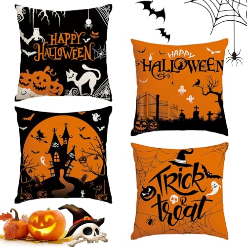 Sunshine smile 4 Stück Halloween Kissenbezug, Kissenhülle Halloween Muster, Quadrat Wurf Kissenbezug, Deko Couchkissen Zierkissen, Halloween Dekokissen für Haus Sofa Schlafzimmer Sunshine smile 4 Stück Halloween Kissenbezug, Kissenhülle Halloween Muster, Quadrat Wurf Kissenbezug, Deko Couchkissen Zierkissen, Halloween Dekokissen für Haus Sofa Schlafzimmer von Sunshine smile