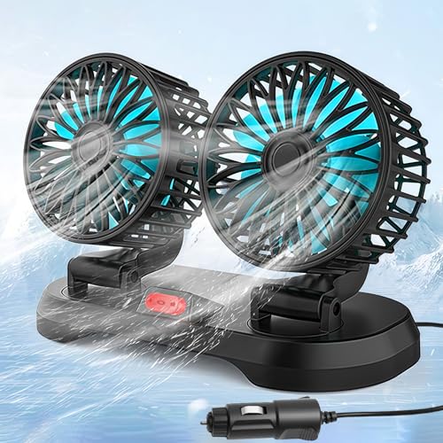 Sunshine smile Auto Ventilator für Rücksitz,12V Doppelkopf Auto Lüfter,Doppelkopf 360° drehbar Auto Fan Ventilator,2 Geschwindigkeiten Kühlender Ventilator Wohnmobil,Mini Ventilator Auto Innenraum von Sunshine smile
