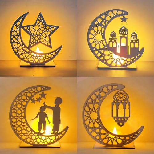 Sunshine smile Kabellos Ramadan Holz Lichter Dekoation,Ramadan Dekoration Lichter,Ramadan Laterne LED,Eid Mubarak Dekoration LED Lampe,Eid Mubarak Tischdekoration Mond Stern Nachtlichter,Ramadan Lampe von Sunshine smile